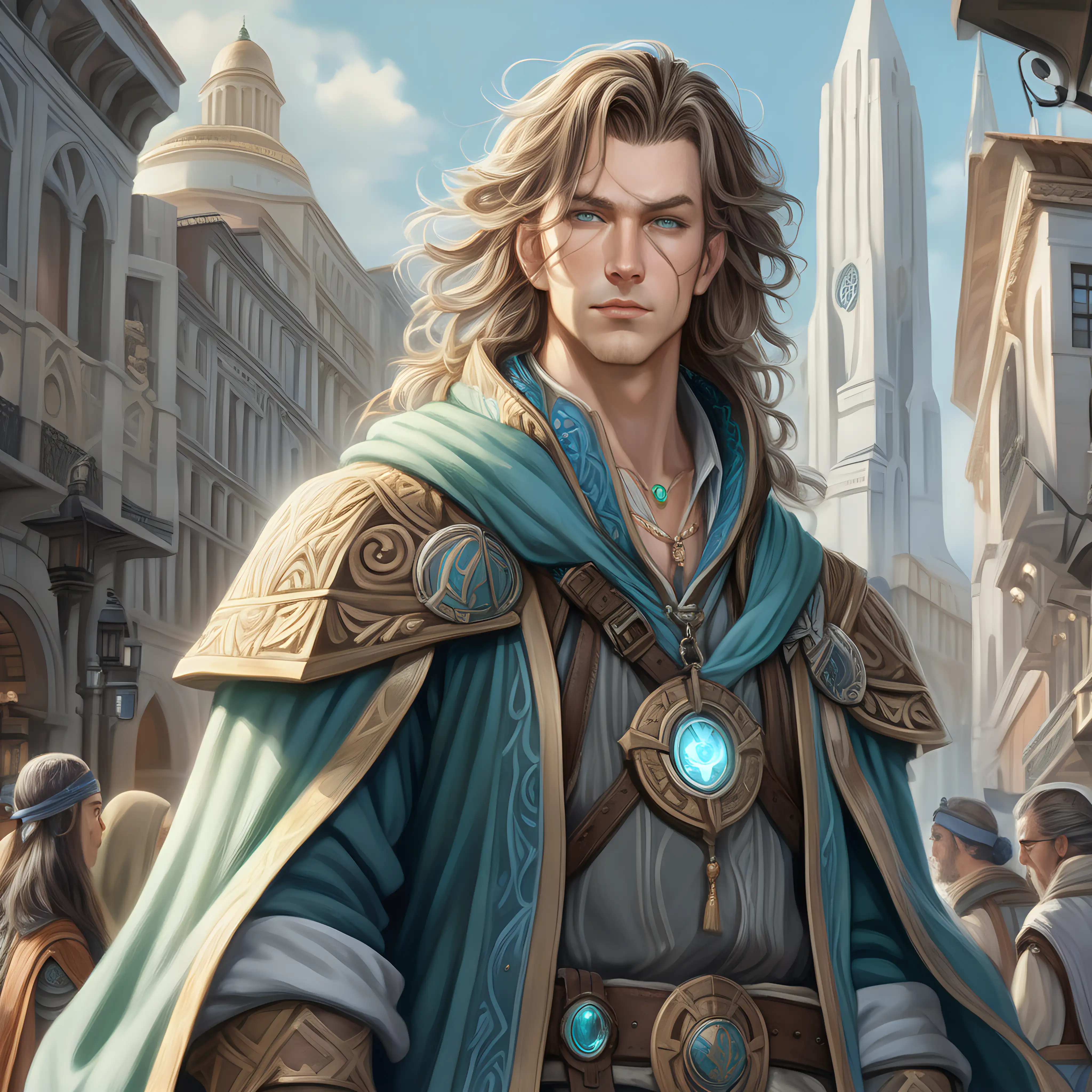 A 27-year old lithe man of age stands in the middle of a bustling city, he is clean-shaven with pale skin. He has medium-length wavy hair with a braid, adorned in simple accessories. His eyes are pallid, unseeing. His attire consists of a mix of rugged adventurer's gear and elements of mystical robes, including a long, flowing cloak and intricately designed armor pieces that hint at his arcane abilities. Around his neck, he wears a prominent, ancient amulet, glowing subtly. 