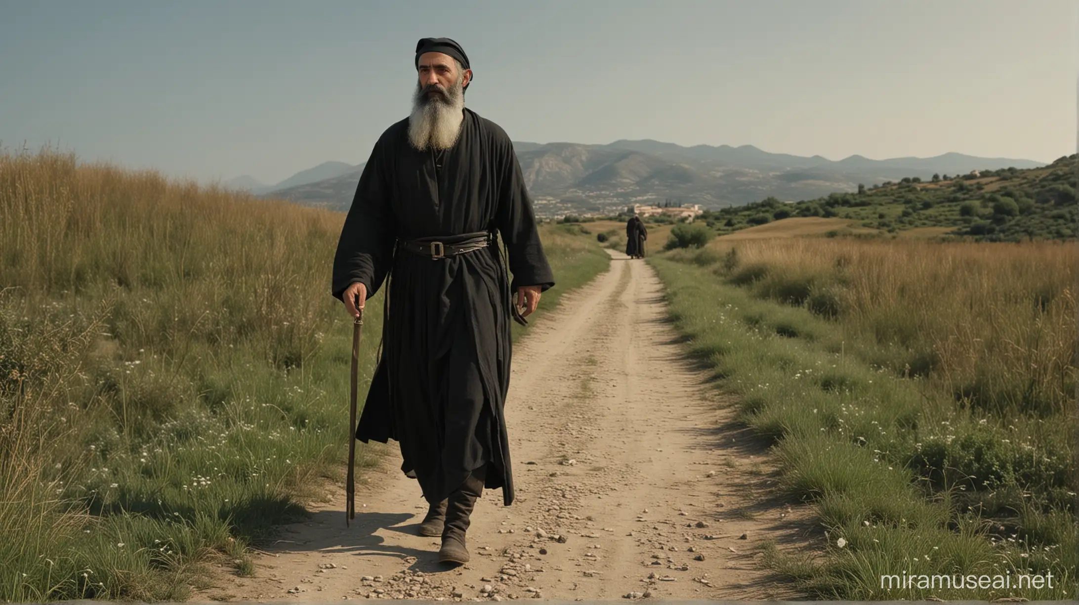 Saint Cosmas of Aetolia, midle-age man with long  beard of short stature, the clothing is black and similar to that of a Greek Orthodox monk, 18th century, Greece, Saint Cosmas is walking alone by a path in the greek field, front, historical hyperrealistic cinematography