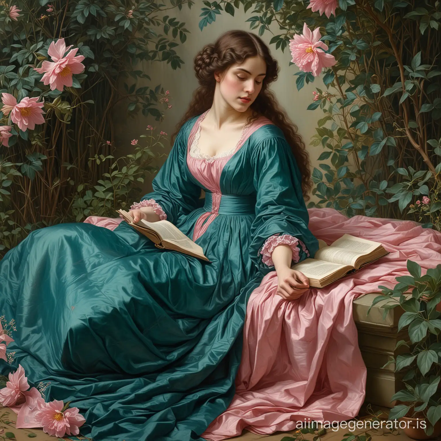 masterpiece, painting of the Pre-Raphaelites, a young woman with dark hair sits among the hederas, in full height, diagonal angle, dress of dark turquoise color, an open book, a partially unfolded pink flower in hand, sunlight filtering through plant branches, the style of the artist Dante Gabriel Rossetti