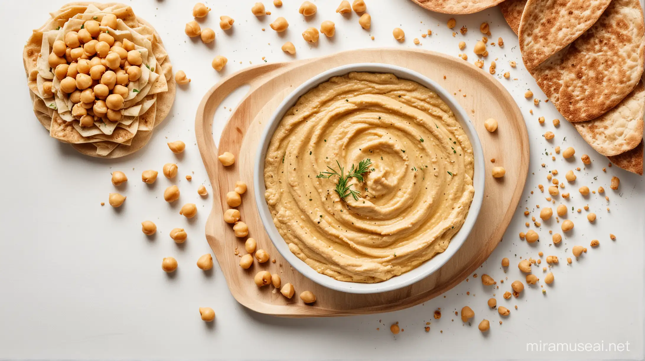 Overhead View of Chickpea Hummus on White Background Food Photography