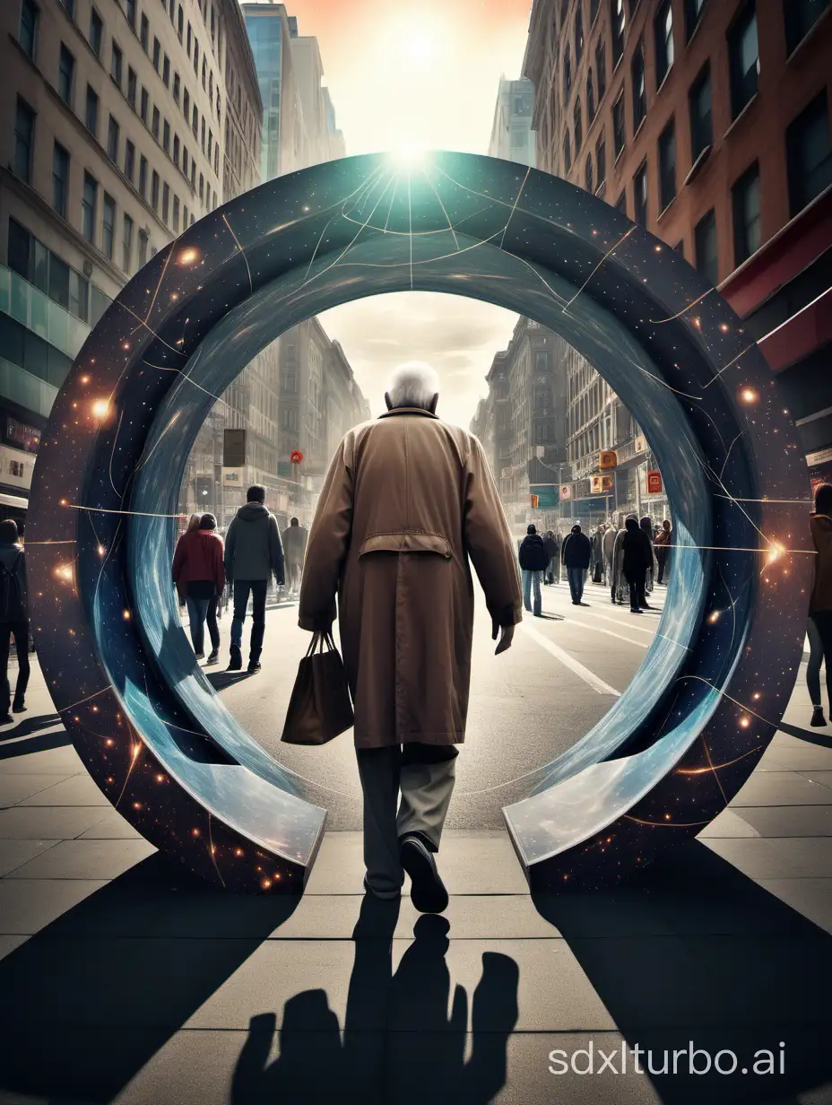 An elderly man walking through a portal into a parallel universe in the middle of the city full of pedestrians