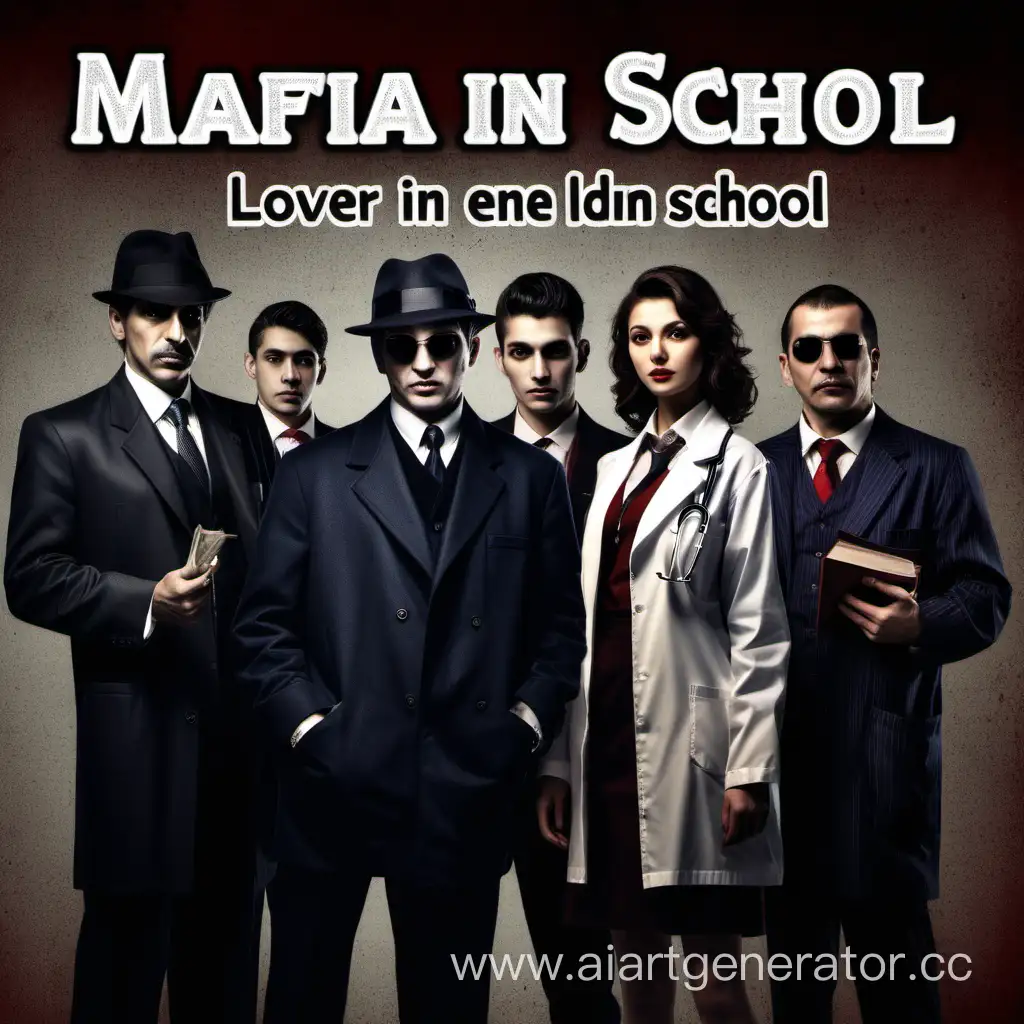картинка на которой будет мафия, любовница, доктор и надпись "MAFIA в English School"