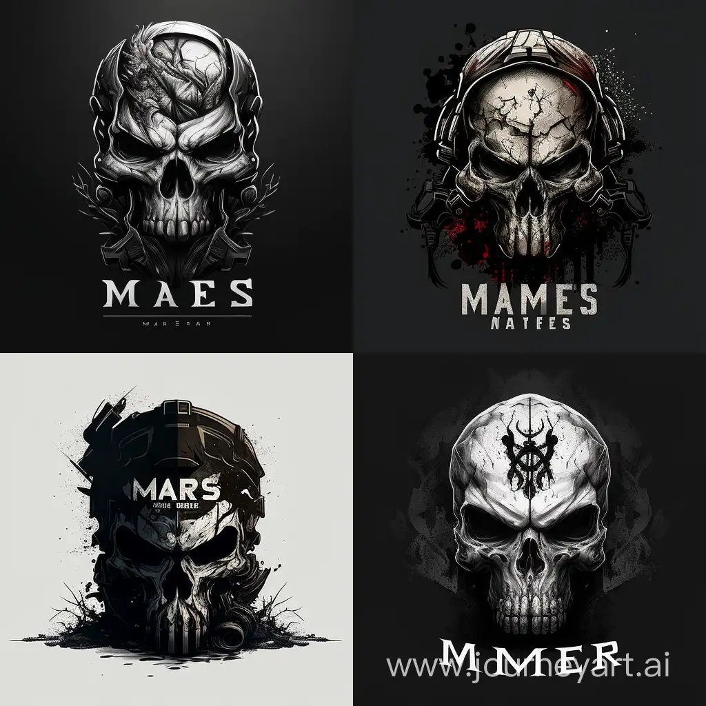 Создай логотип для военной компании под названием Maers Ink. Используй череп в изображении, подчеркни его агрессивный характер. Используй цвета белый и черный для максимальной эффективности. Не забывай о графическом дизайне!