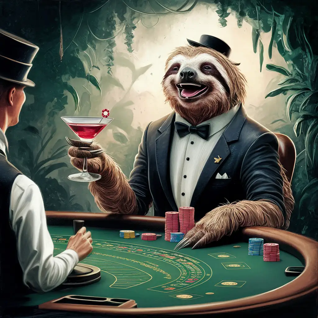 sloth is playing casino and laughing