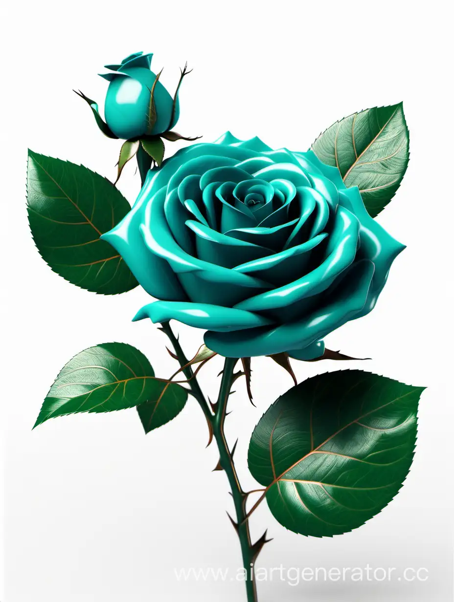 realistic dark Turquoise Rose 8k hd with fresh lush 2 green leaves on white background