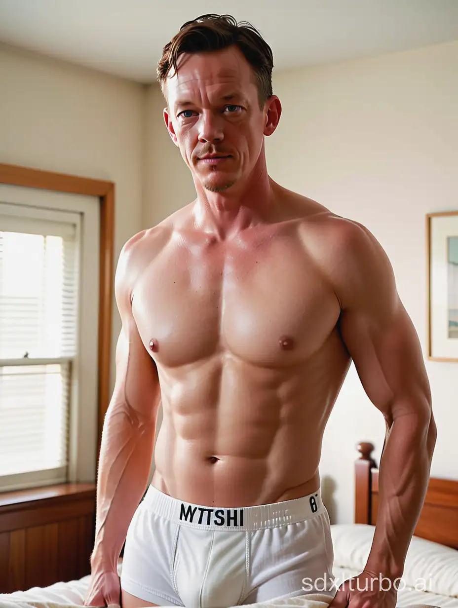 Matthew Lillard with ripped eight pack abs, shirtless in white boxers in 1950s suburban LA bedroom, face and body photo, 16k, medium shot, very high quality, very high resolution, fitness, macho, virile, masculine, sexy, youthful,