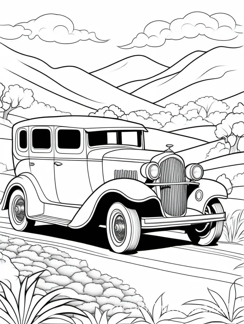 old vintage car in scenery , Coloring Page, black and white, line art, white background, Simplicity, Ample White Space. The background of the coloring page is plain white to make it easy for young children to color within the lines. The outlines of all the subjects are easy to distinguish, making it simple for kids to color without too much difficulty