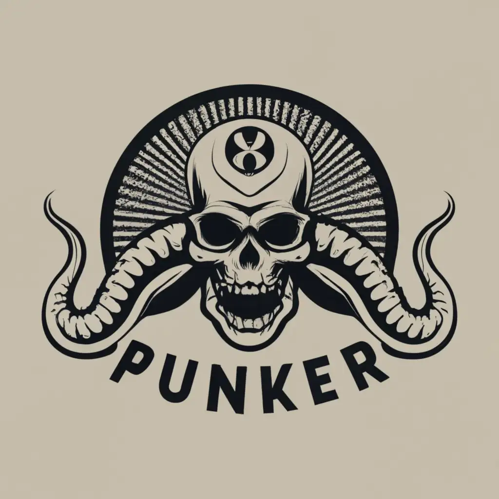 logo, kraken skull  clean white background minimal, with the text "Punker", typography, be used in Internet industry