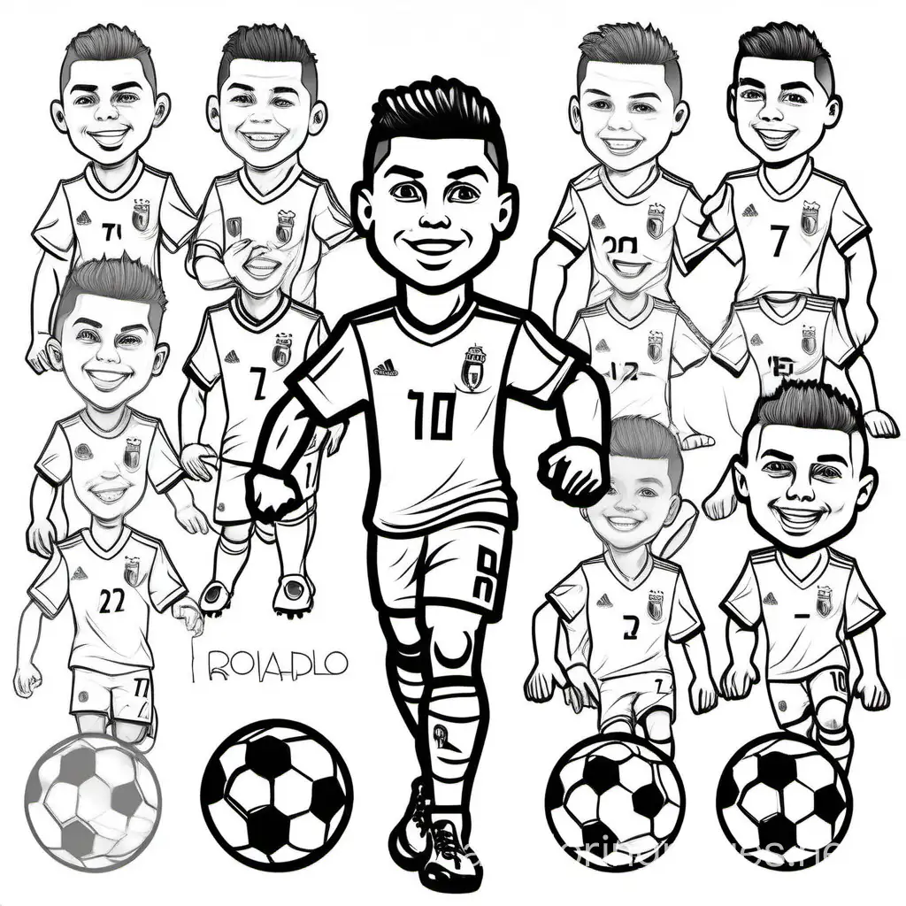 Ronaldo's 20 different styles most liked by his fans while playing football with his best moves in the matches, Coloring Page, black and white, line art, white background, Simplicity, Ample White Space. The background of the coloring page is plain white to make it easy for young children to color within the lines. The outlines of all the subjects are easy to distinguish, making it simple for kids to color without too much difficulty
