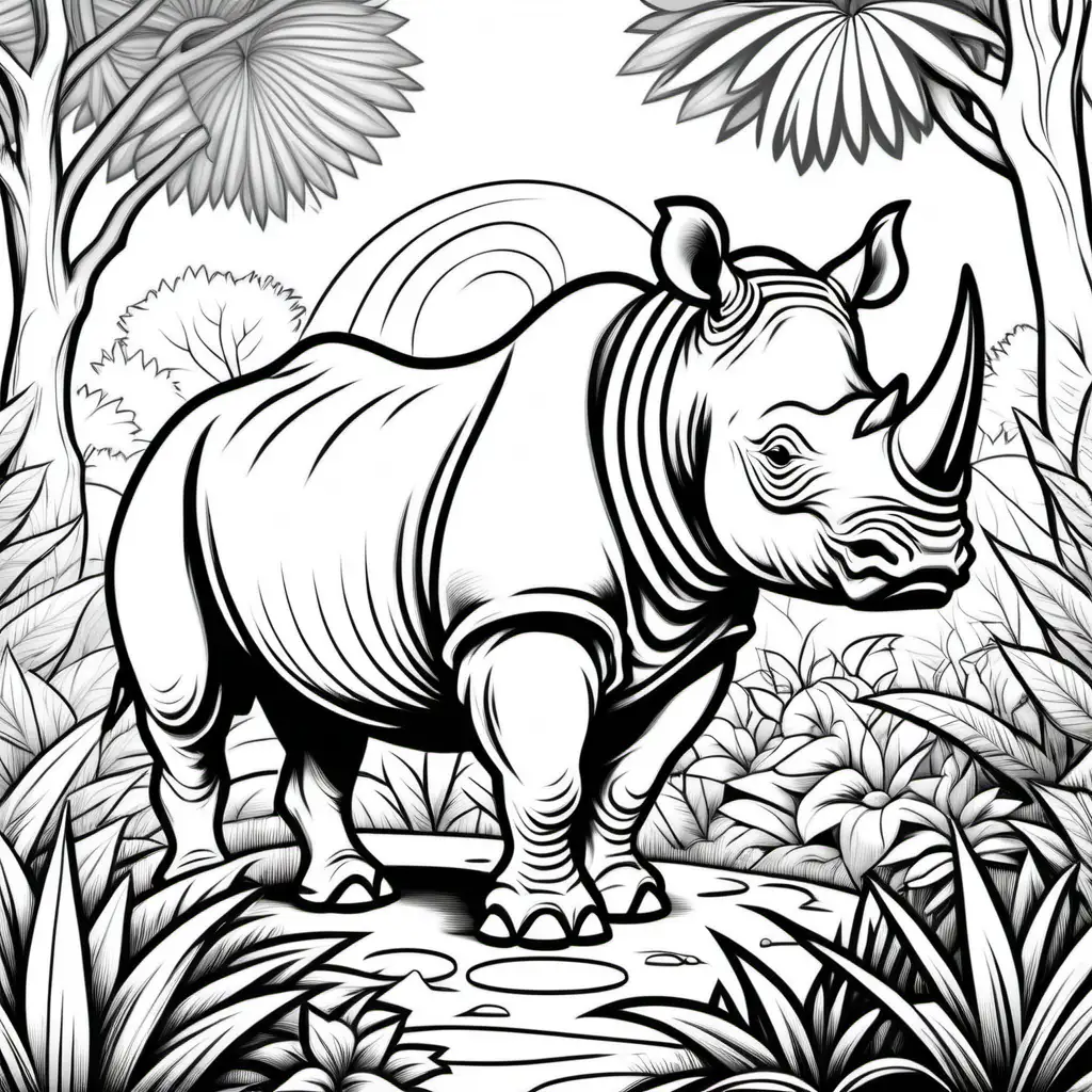 Rhinoceros Coloring Page Serene Garden Scene for Kids
