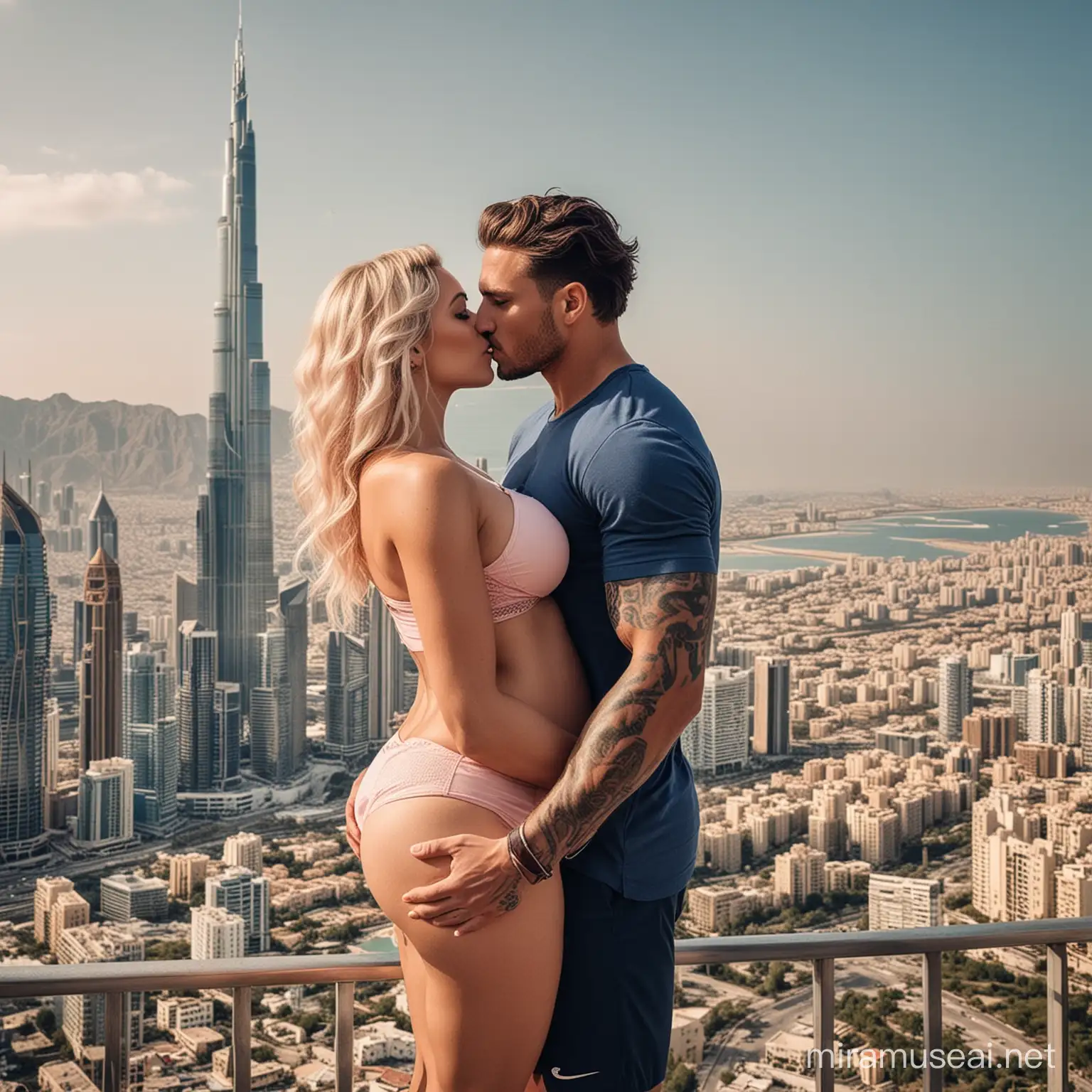 Talented Footballer Embracing His Royal Pregnant Wife in Luxurious Villa Overlooking Sea and Skyscraper