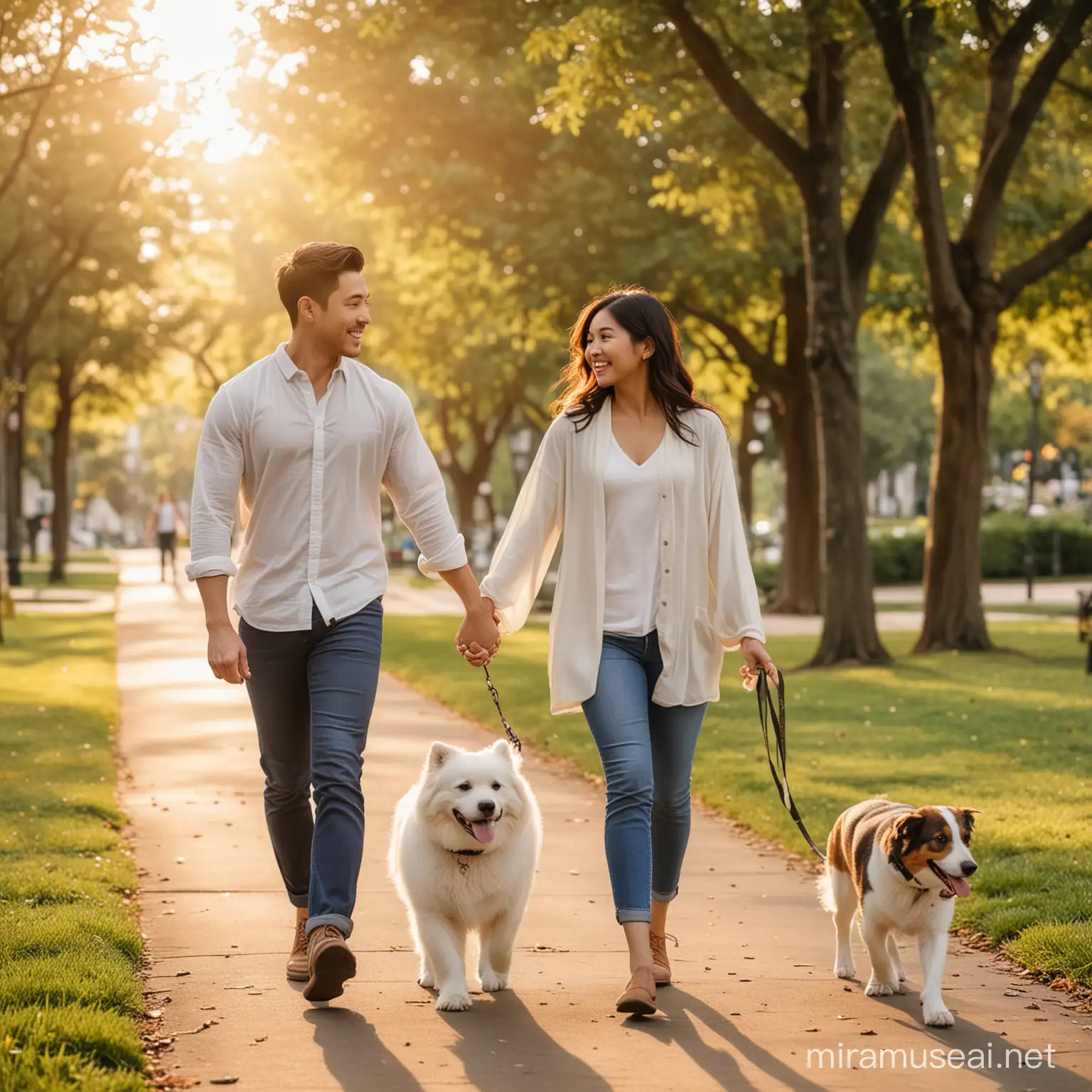 An attractive asian woman and her attractive white male fiance walking peacefully in the park holding hands as their dog walks beside them. They are both at peace and secure in themselves. They smile. The light is golden hour. peaceful. calm. resilient.
