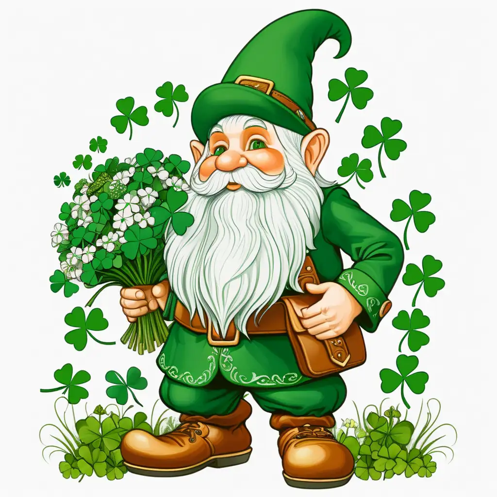 Colorful Irish Gnome with a bouquet of shamrocks in his hand