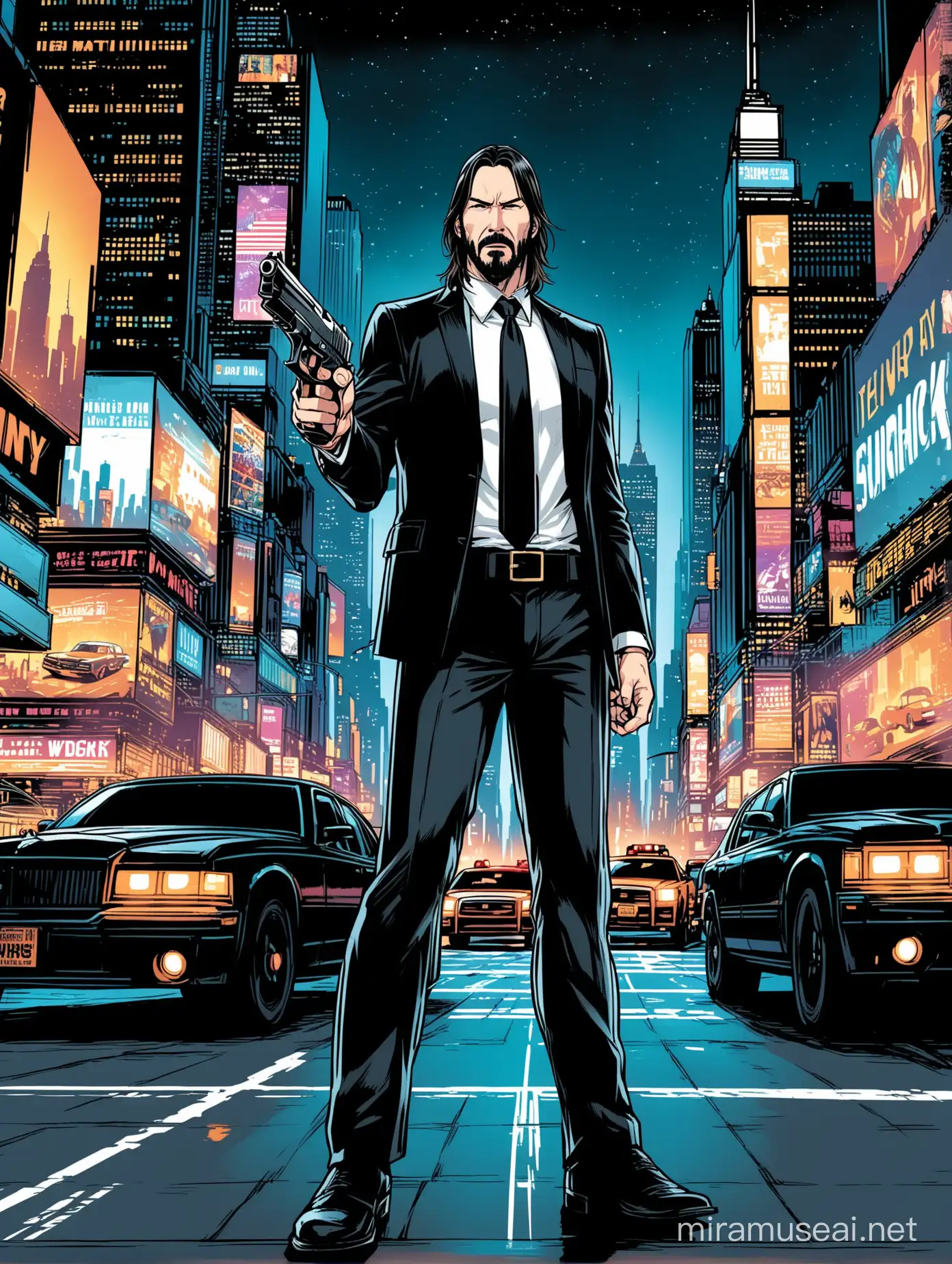 Drawing by American comic book style for a handsome forty-year-old skinny body man with John Wick Hair and Beard Styles, wearing a white shirt, black tie, black shoes, black pants, and a leather belt, weas black jacket, and he points a black pistol. In the background, New York City appears in night, exactly Time Square, and the cars appears.
