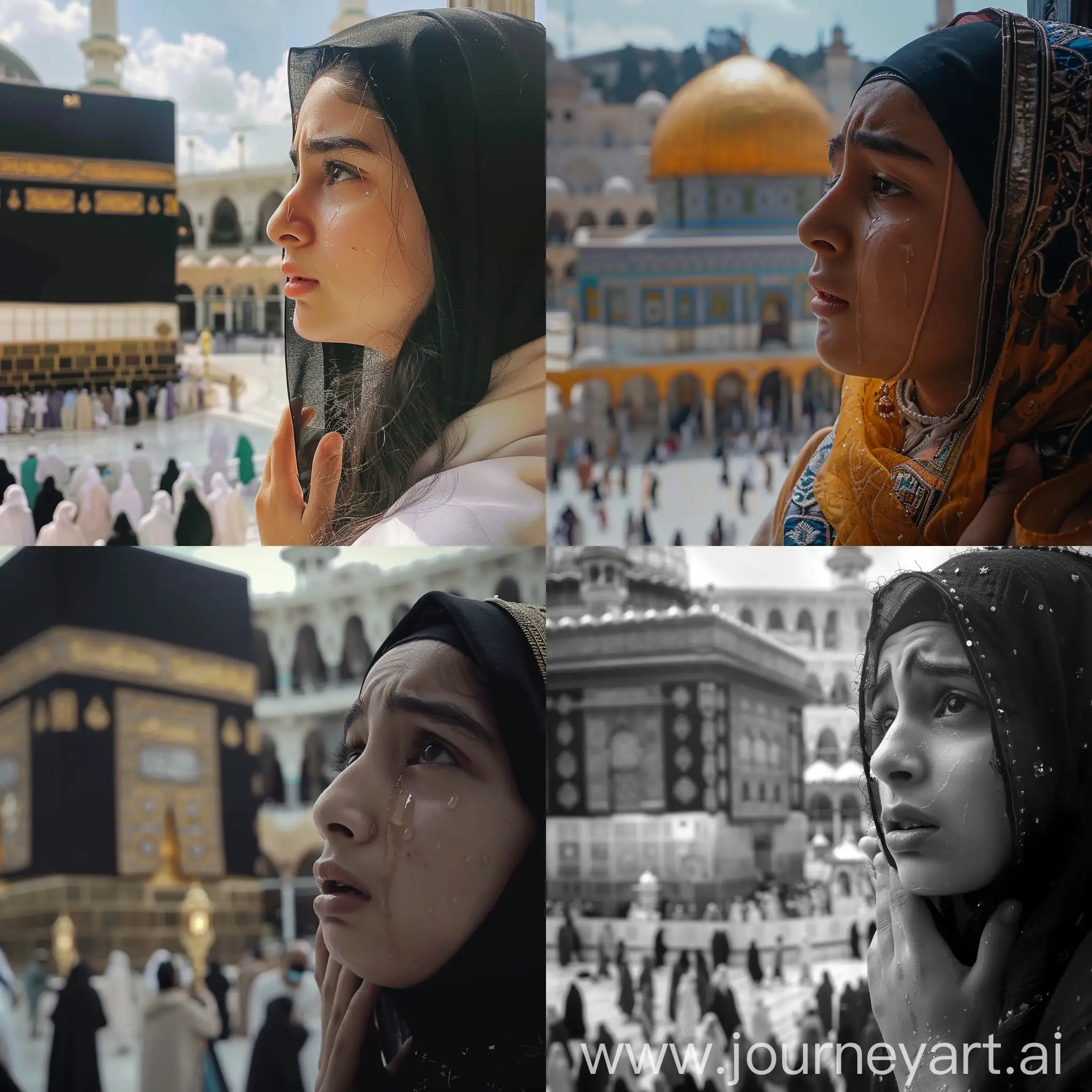 a muslim girl looking at khana kaba for the very first time in her life being emotional and with tears in her eyes and give a wide shot
