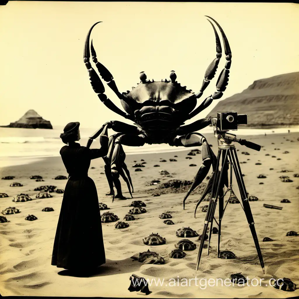 19th-Century-Woman-Photographing-Giant-Crab-on-Lanzarote-Beach