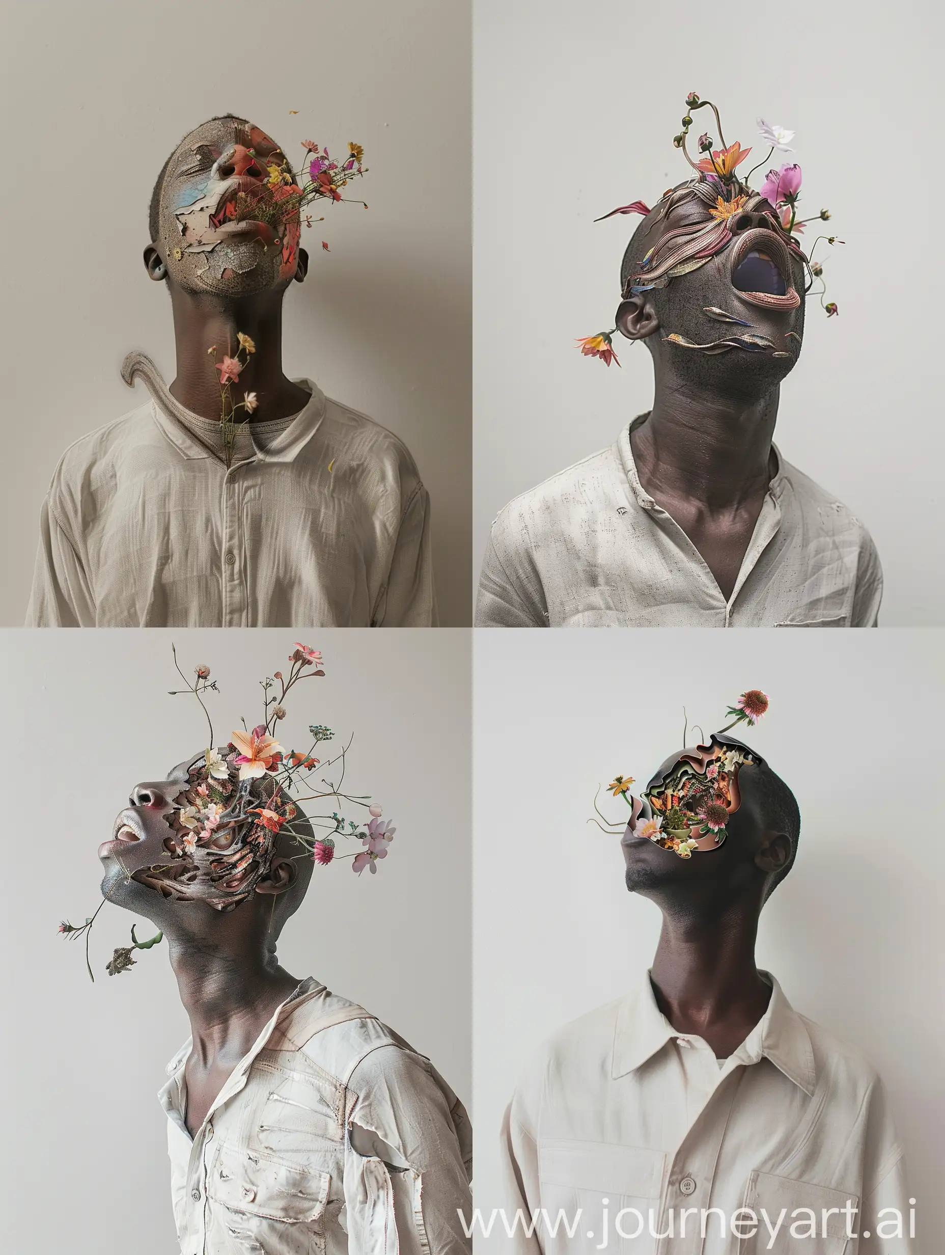  a  white wall background capturing a lo-fi striking African male with their clothes in a  abstracting appearance, figure with its neck slightly tilted up and it's head looking up in a dramatic pose showing,the figure has a flat open head with flowers coming out of it, The face is composed of multiple layers and textures, giving it a unique and vortex swirling tornado appearance on the mouth. Creating non-representational images with shapes, colors, and textures,