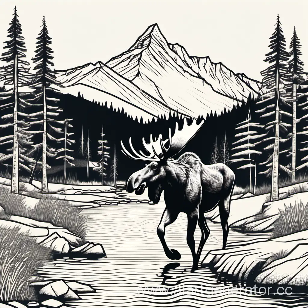 moose walkingdown the creek. with the mountain on the background. line art. minimal