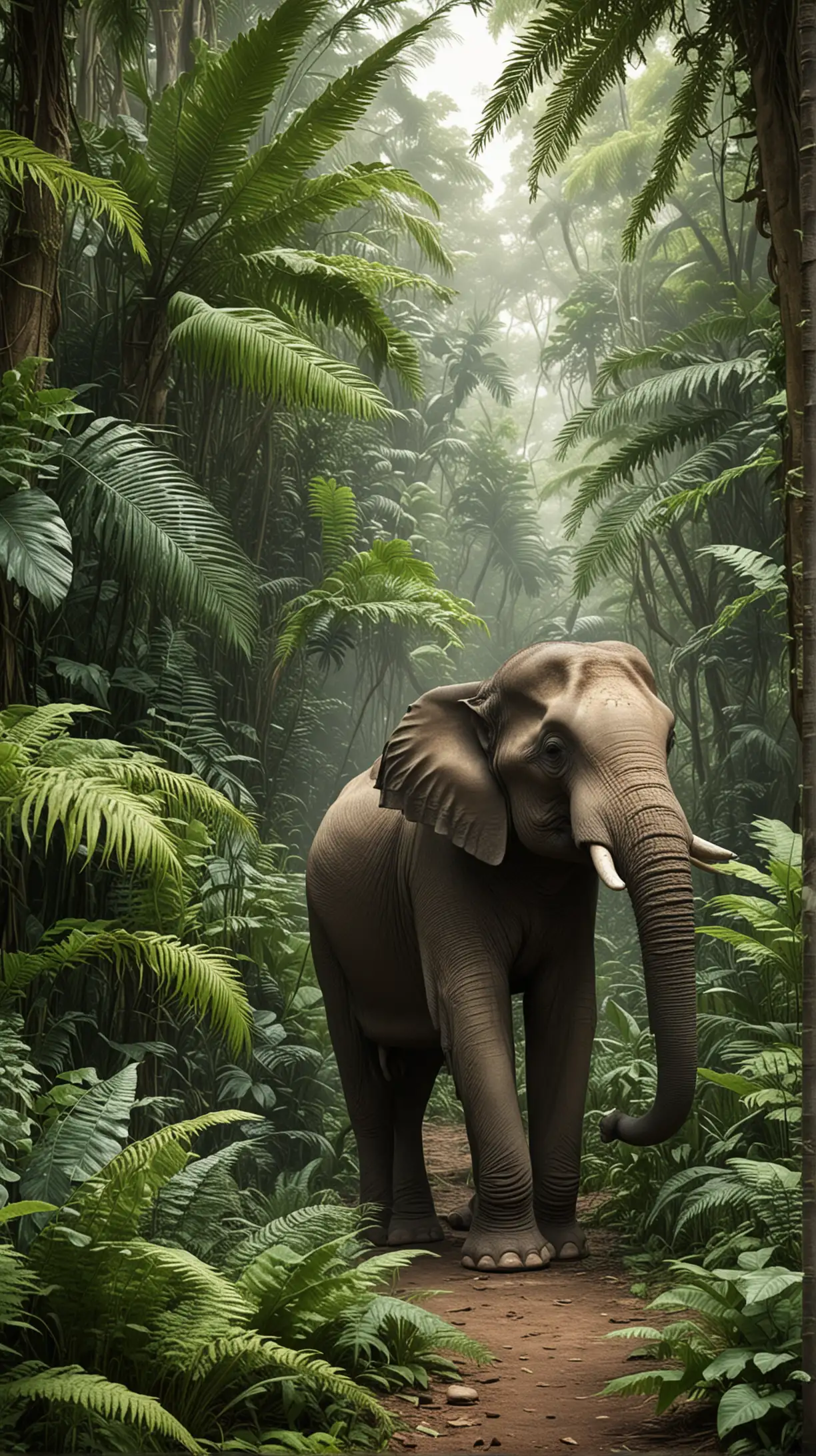 Тропические джунгли,  папоротники ,зелень ,слон вид сбоку 