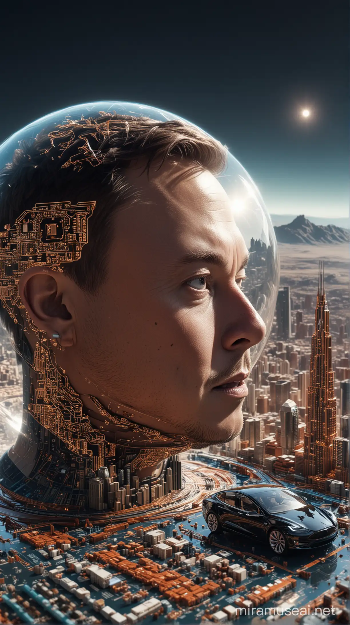 
Elon Musk. Photorealistic headshot, with a faint glow. Left side: Blueprint of a Tesla car merging into a circuit board. Right side: Transparent Mars globe with a futuristic city peeking out. Center: Code strands forming a dollar sign with a brain icon in the middle. Design style: Art Deco.