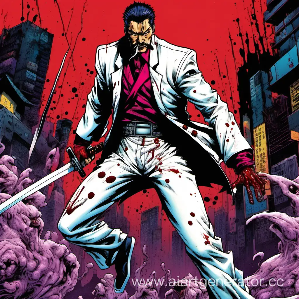 90s comics art, attack move, full height figure, cyberpunk, modern samurai, white suit, japan moustache, blood spill, aggressive, colored