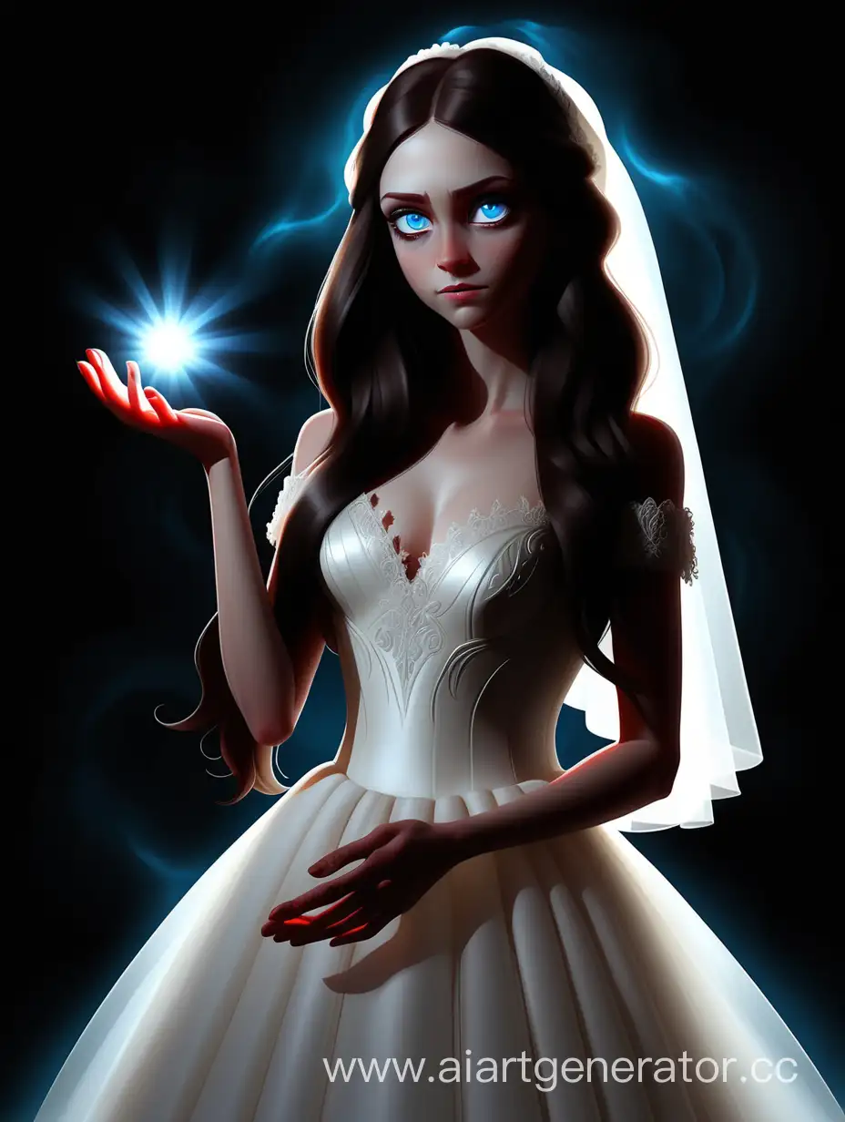 девушка в полный рост с длинными темными волосами, голубые глаза, в свадебном платье, в ладонях эссенция света, на фоне мрак, два  парня с красными глазами

