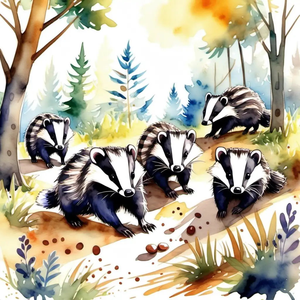 A bunch of little badgers play on the forrest clearing. Sunny weather. Aquarel style, attractive for Kids.