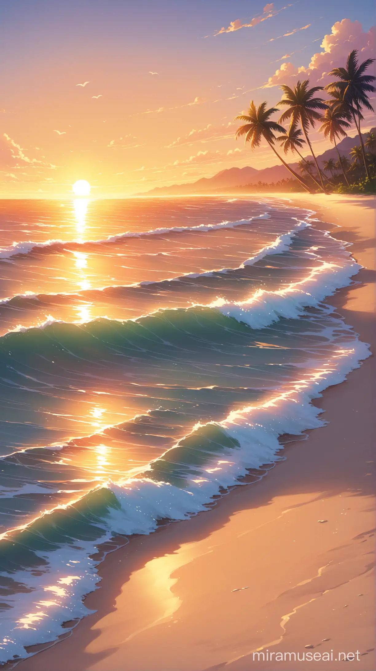 A serene beach at sunset, with palm trees swaying in the breeze and waves crashing gently on the shore.