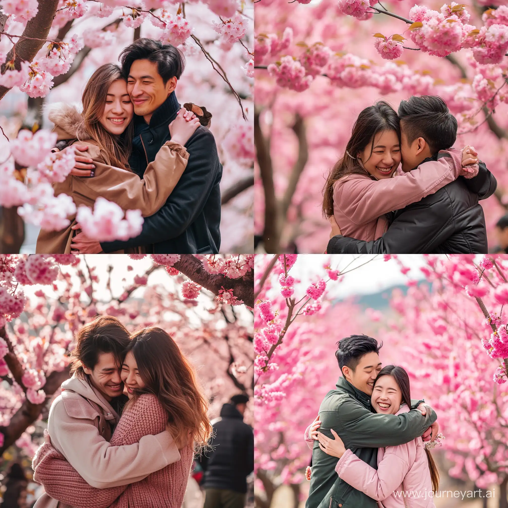 Young couple hugging, happy people, japan, sakura, pink