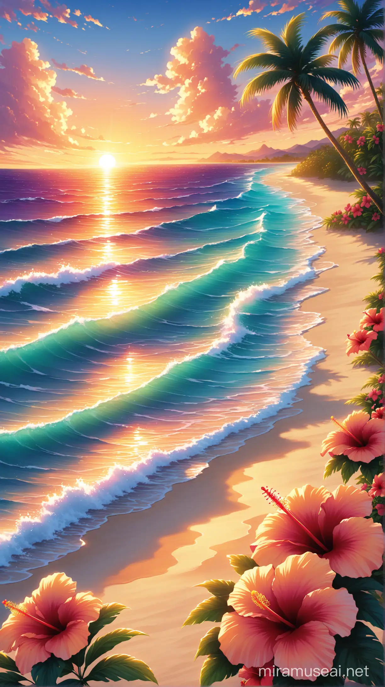 Tropical Sunset Ocean Waves and Hibiscus Blooms
