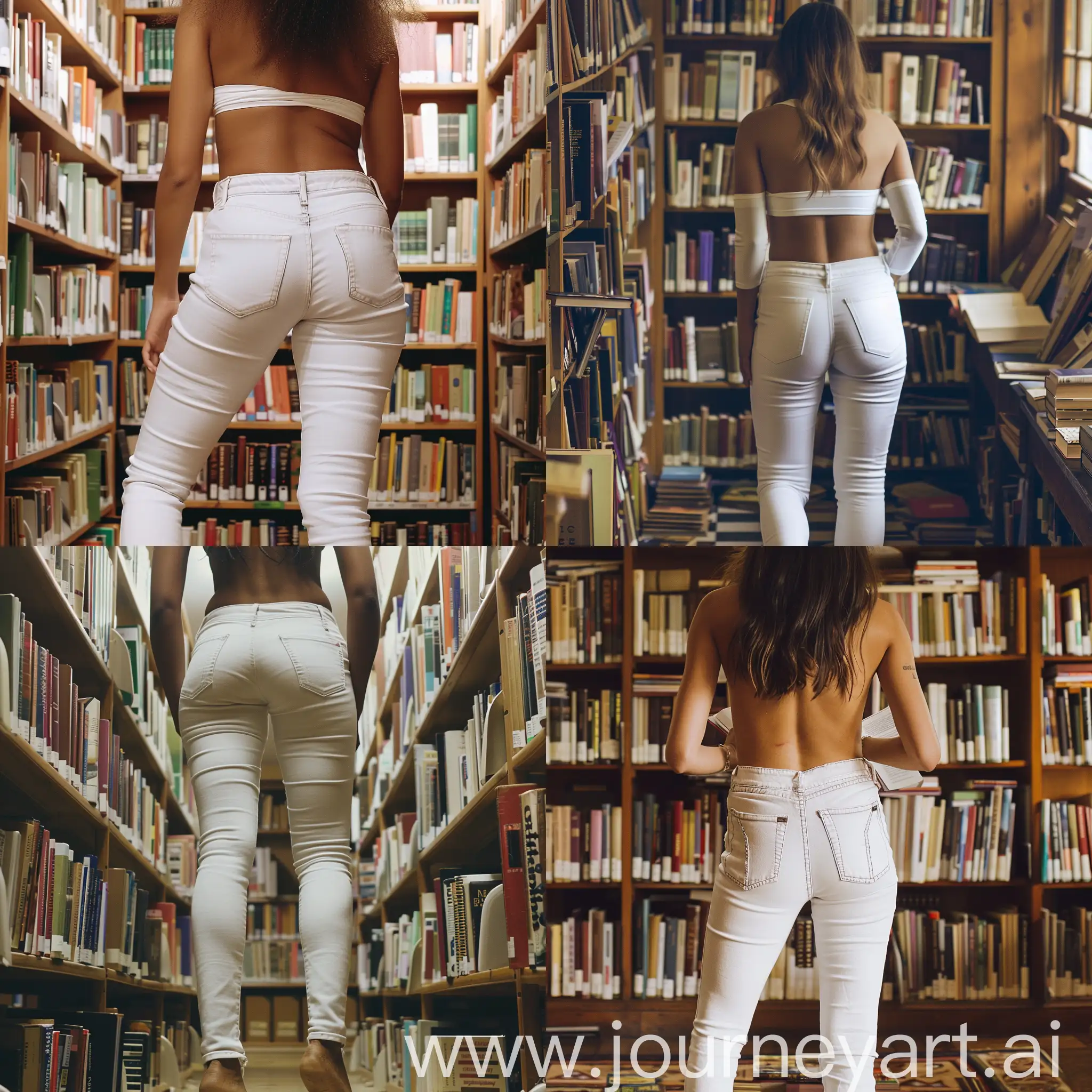 A woman wearing tight white jeans browsing books in the library, her back to the camera, thick legs
