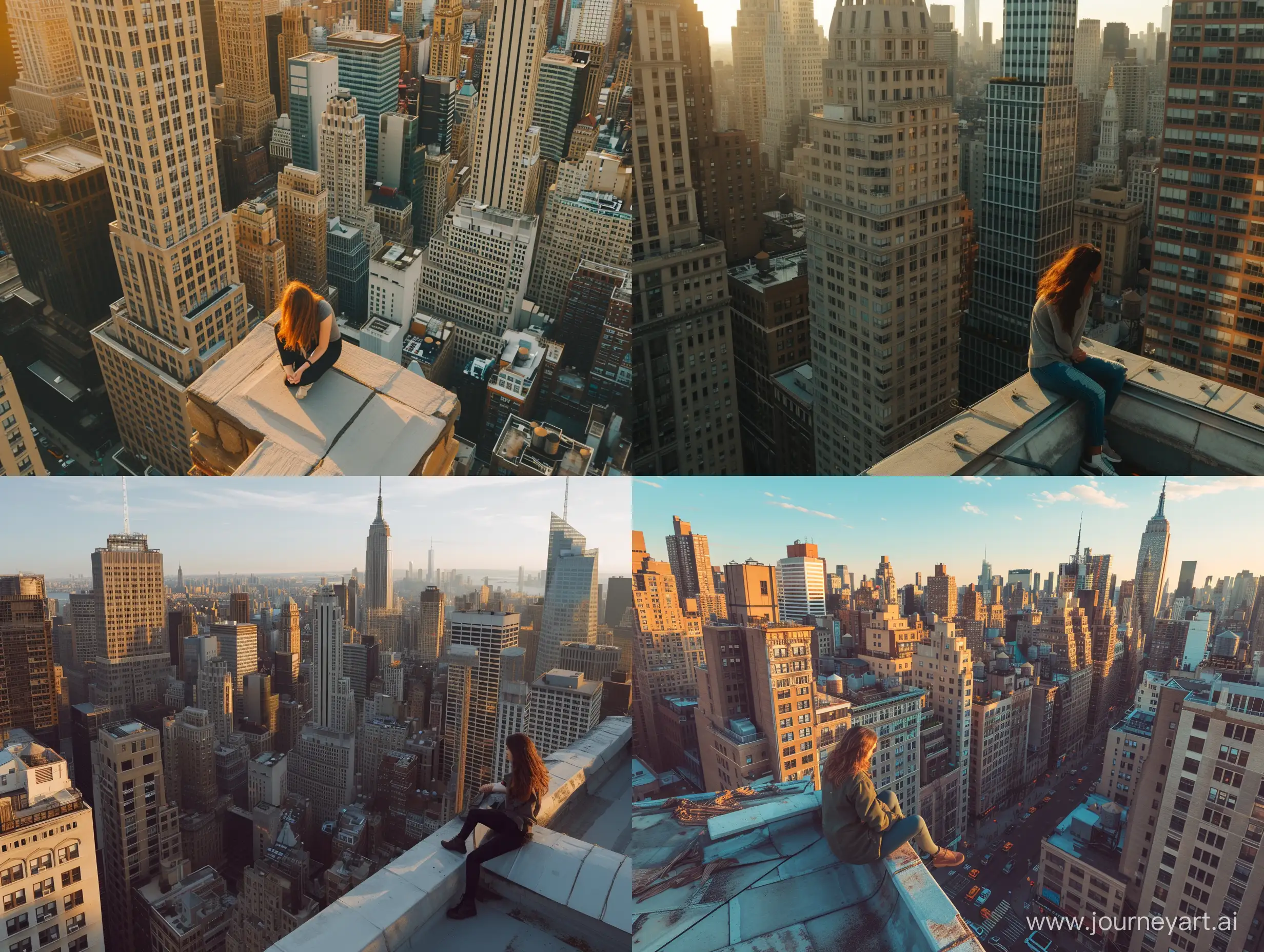 a bustling new new york city, the photo is bathed in natural lighting, day time setting. Shot in 4k with a high end DSLR camera. such as a Canon EOS R5 with a 50mm f/1. 2 lens, architecture, drone view, skyline, a woman is sitting on the edge of a rooftop
