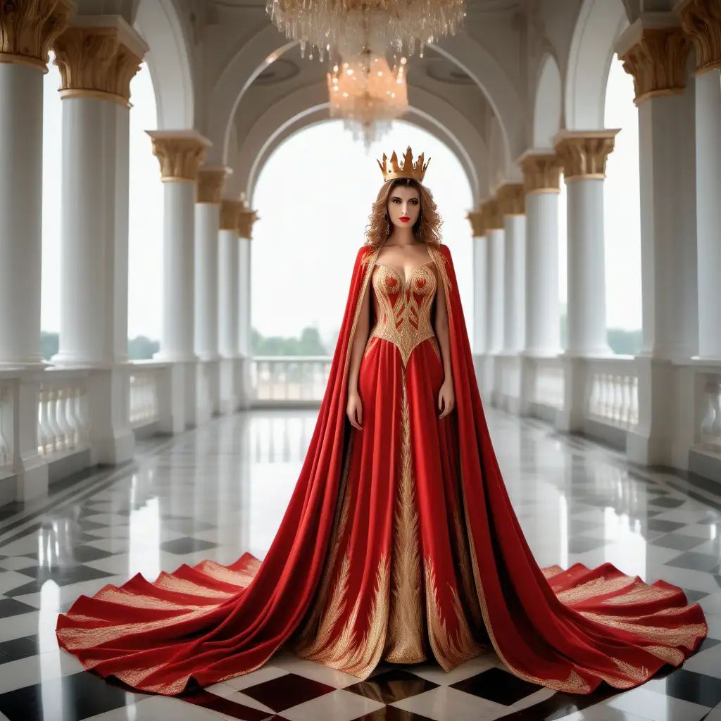 fantasy, queens gown, red color, gold accents, flowy fabric, beautiful, elegant, crown, matching cape, white palace