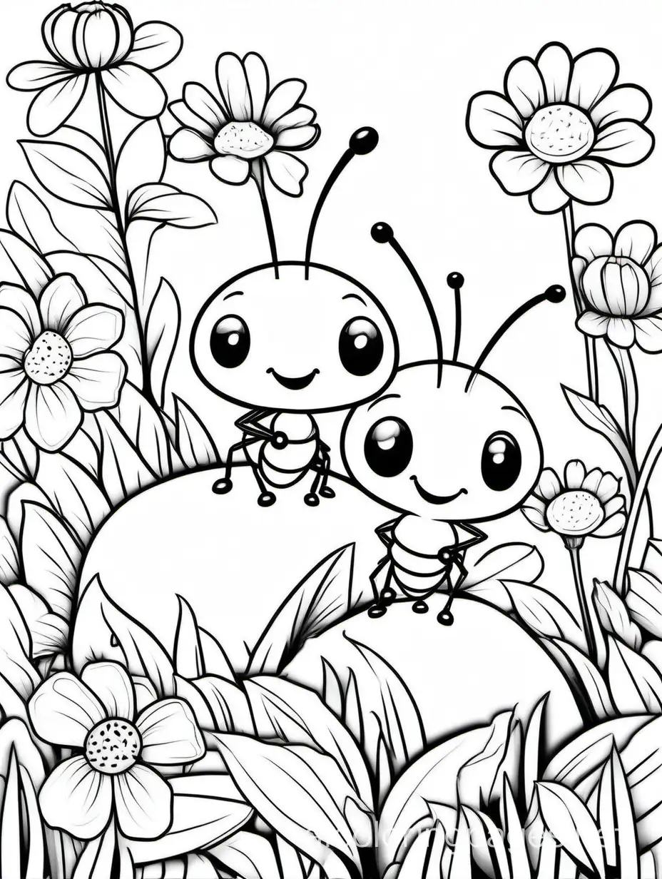 Adorable-Mom-and-Baby-Ants-Coloring-Page-with-Flowers