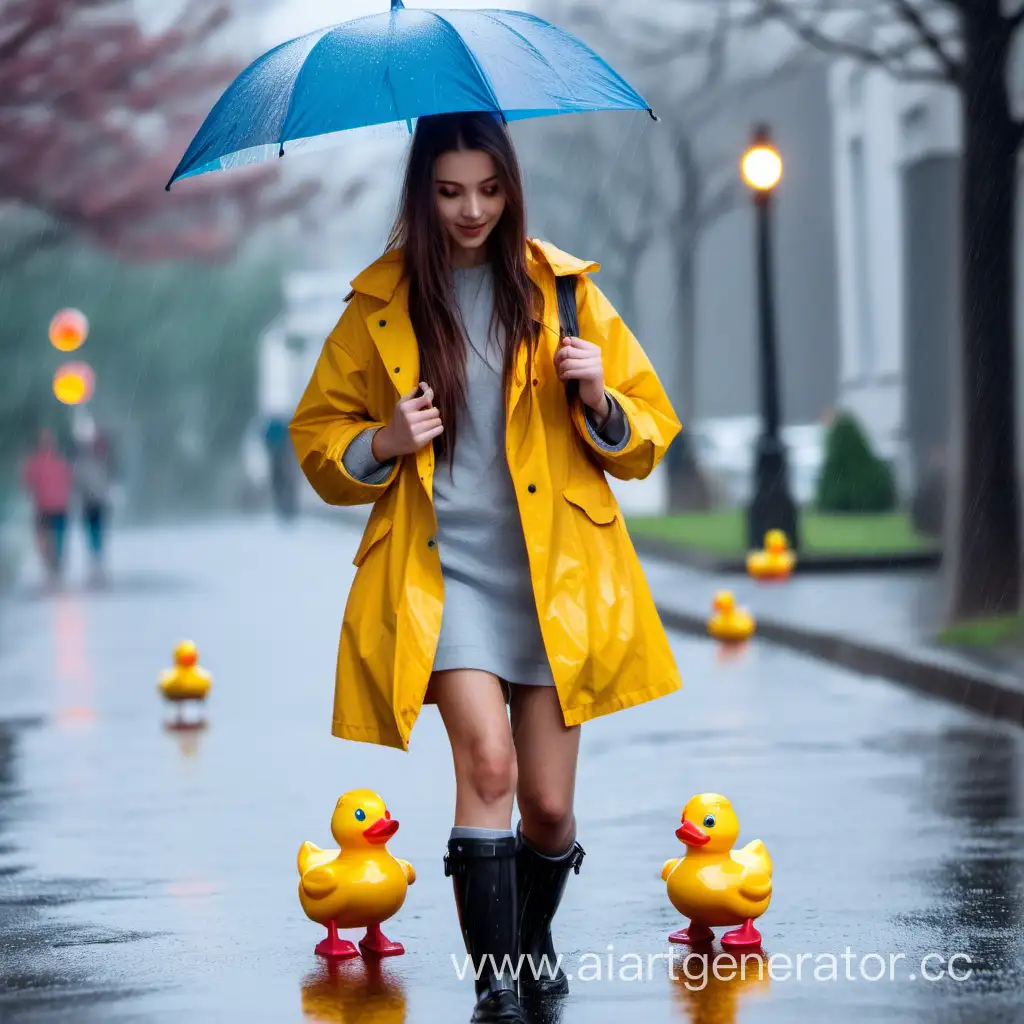 красивая девушка идет по улице с резиновыми утятами в руках в дождливый день