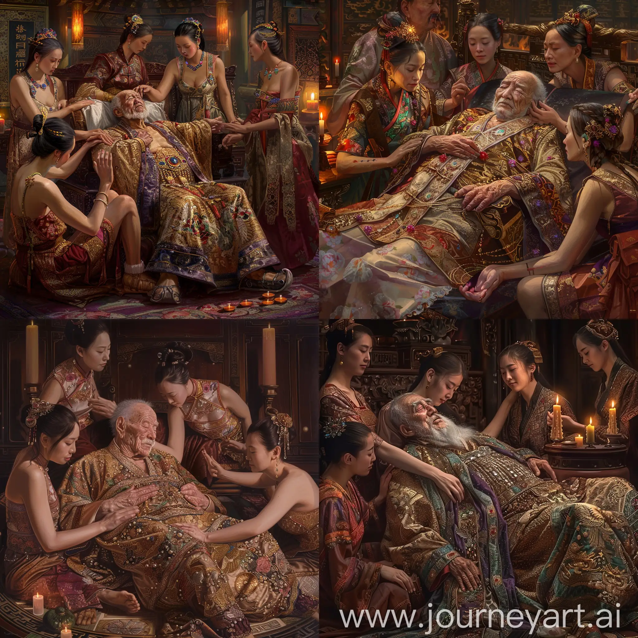 Chinese-Emperor-Resting-Surrounded-by-Beautiful-Concubines-on-Luxurious-Bed
