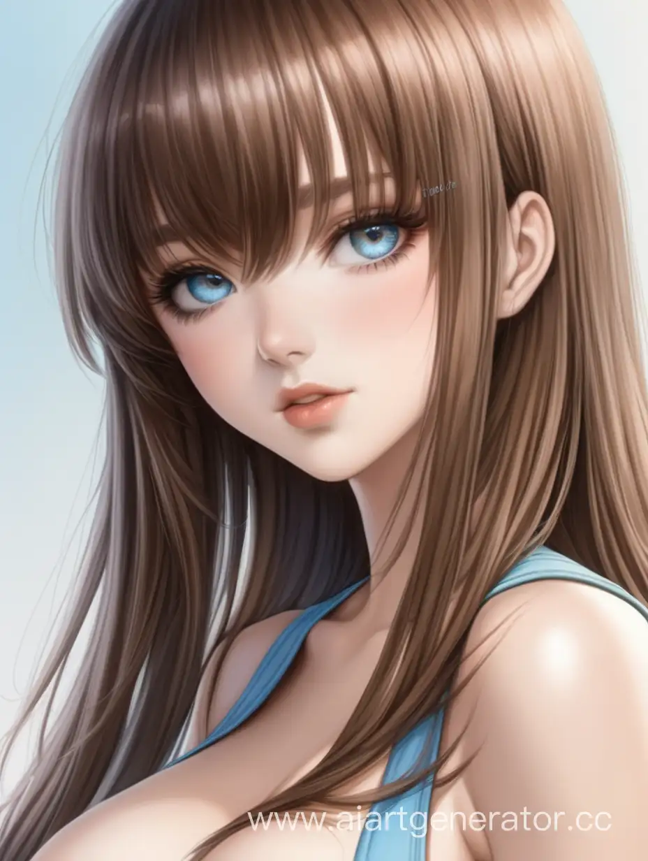 brown hair color straight hair and straight bangs waist length hair, thick and long black eyelashes, light blue eyes, straight nose, plump lower lip, sexy attractive face, medium size breasts, medium size and hips