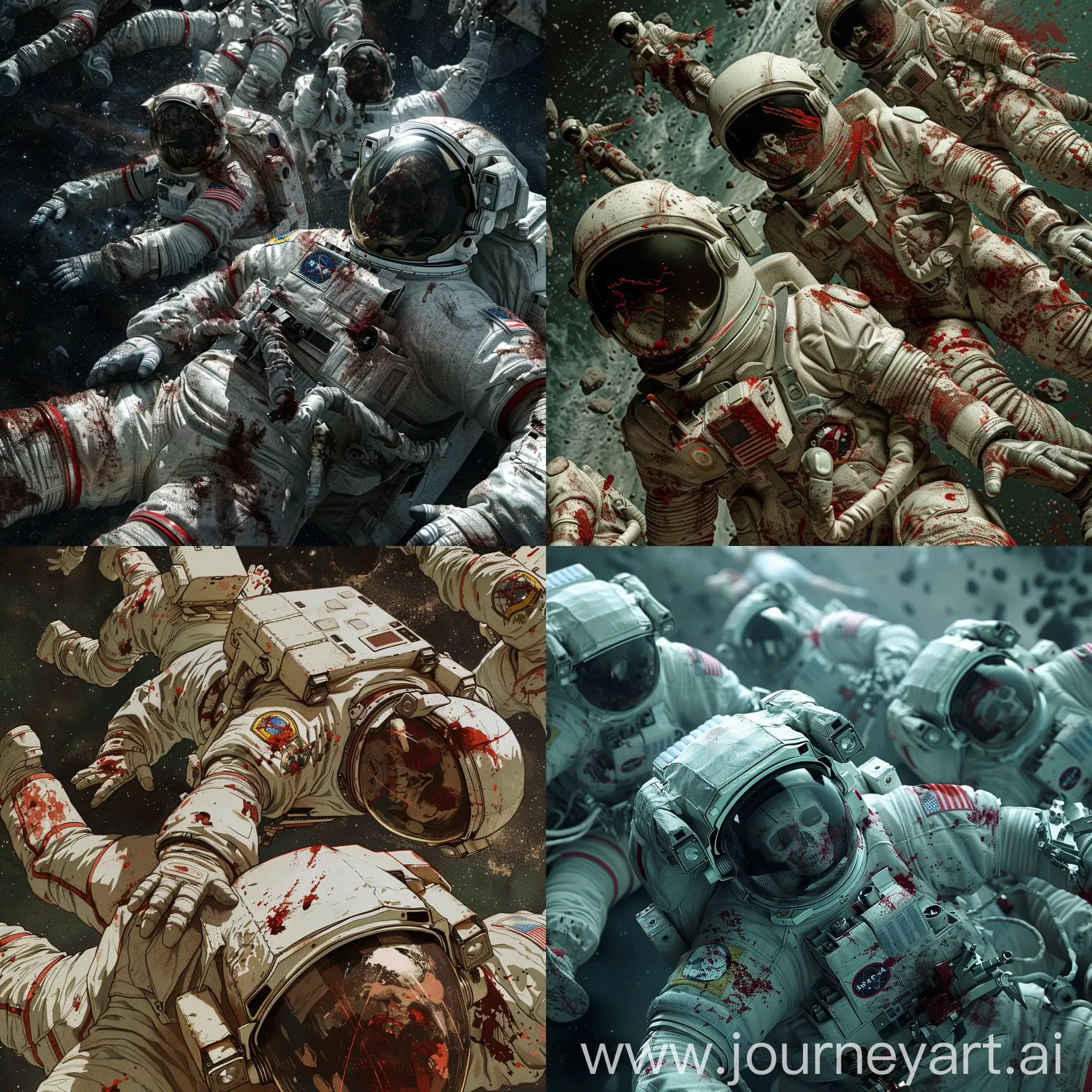 几个宇航员的尸体在太空中缓缓漂浮，他们的太空服已经破损，头盔裂开，并且沾满血迹