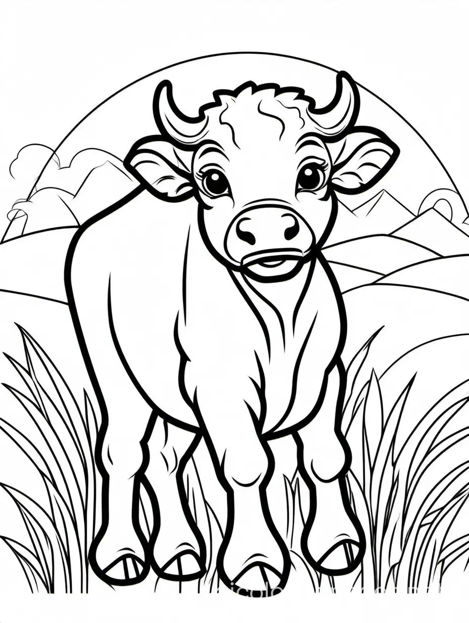 Baby buffalo, Coloring Page, black and white, line art, white background, Simplicity, Ample White Space. The background of the coloring page is plain white to make it easy for young children to color within the lines. The outlines of all the subjects are easy to distinguish, making it simple for kids to color without too much difficulty