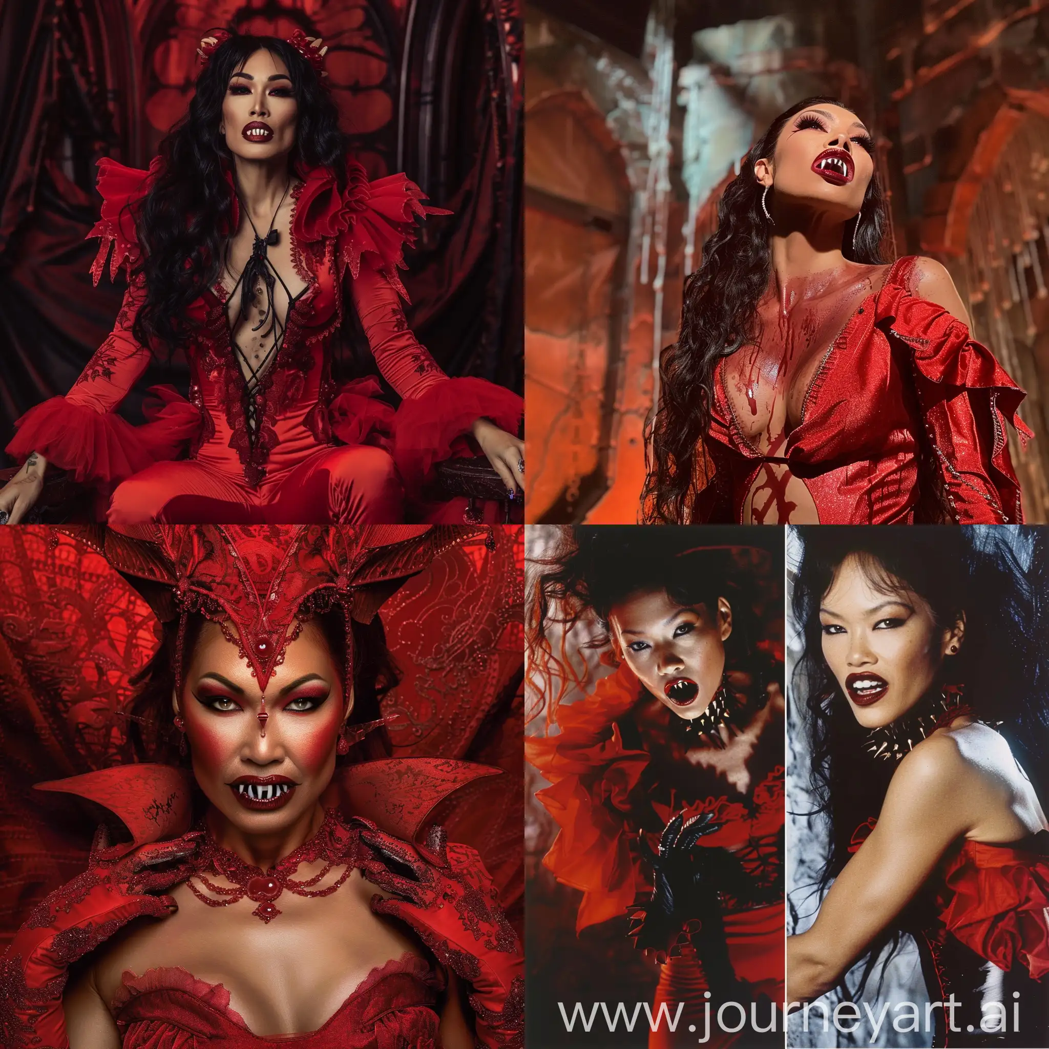 Nicole Scherzinger as a vampire queen, red outfit, fangs, Buffy style.