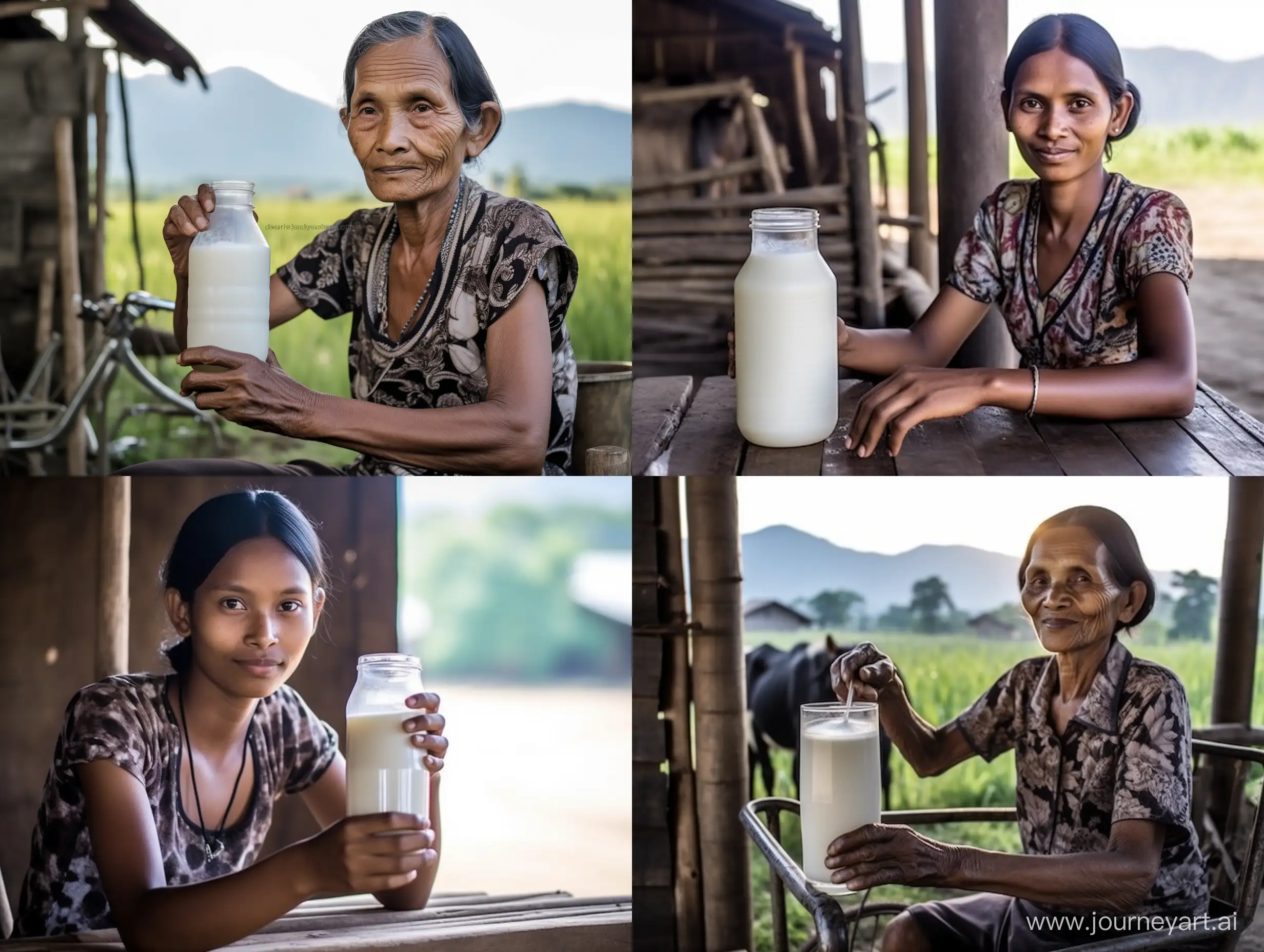 A Indonesian woman, beautiful, white skin, enjoying a bottle of milk when squinting at the sun, photography
