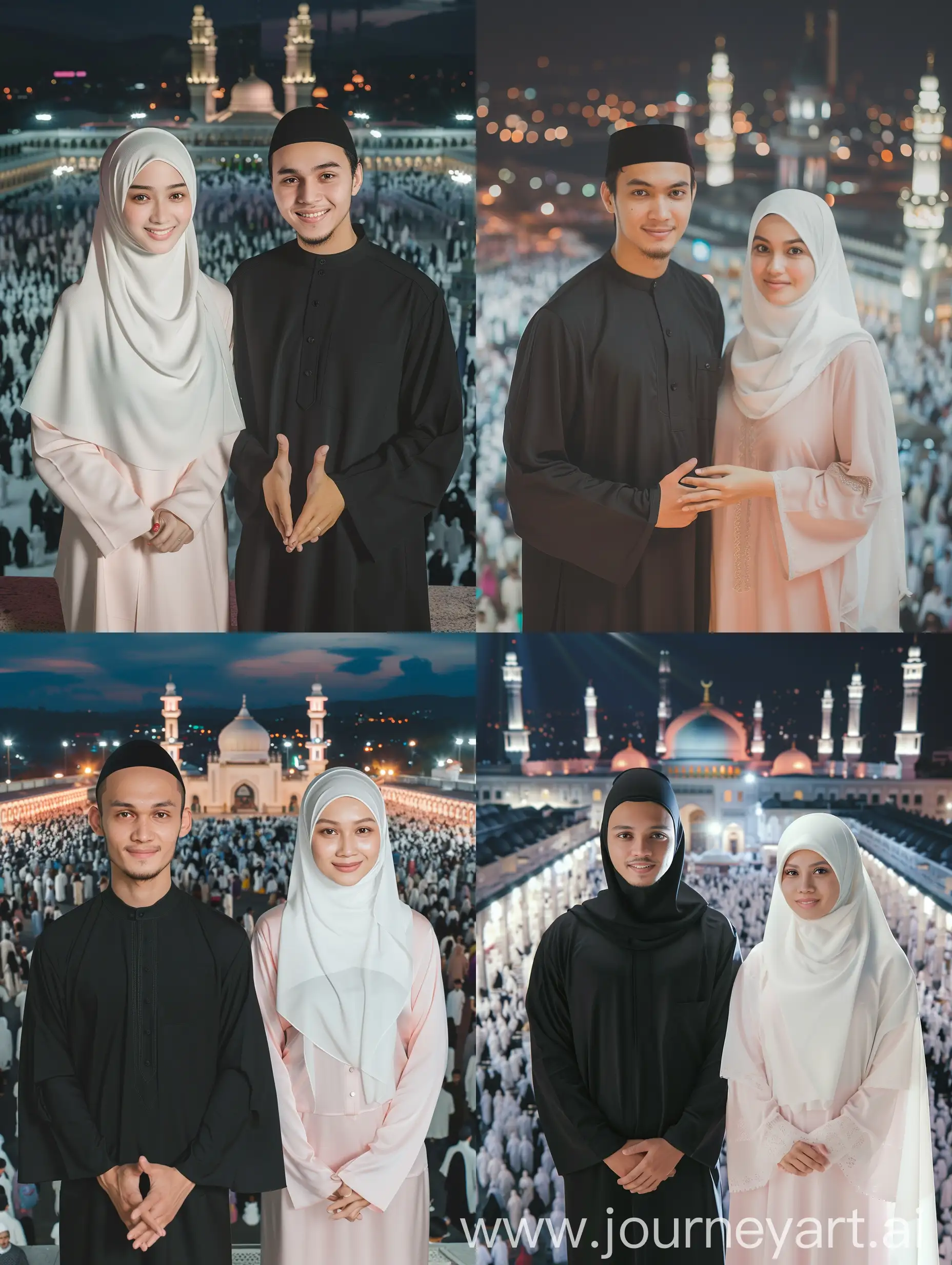 (8K, RAW Photo, Photography, Photorealistic, Realistic, Highest Quality, Intricate Detail), Medium photo of 25 year old Indonesian man, fit, ideal body, oval face, white skin, natural skin, medium hair, wearing black Muslim haju koko, hands like 🙏 side by side with a 25 year old Indonesian woman wearing a white hijab, white and pink Muslim clothes, they are smiling facing the camera, their eyes are looking at the camera, the corners of their eyes are parallel, their hands are like 🙏, with a view of the mosque at night in the month of Ramadhan behind many people going home at the mosque HD clear as real