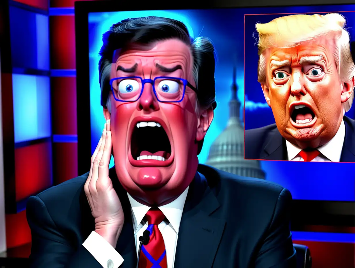 Stephen Colbert crying at a television showing Donald Trump 