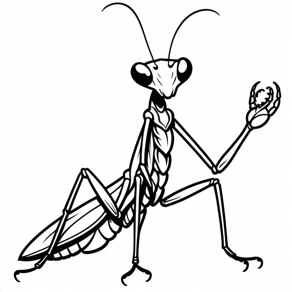 australian cartoon PRAYING MANTIS drawing black and white, kids colouring book stencil, black lines only white background, fine lines, friendly cartoon