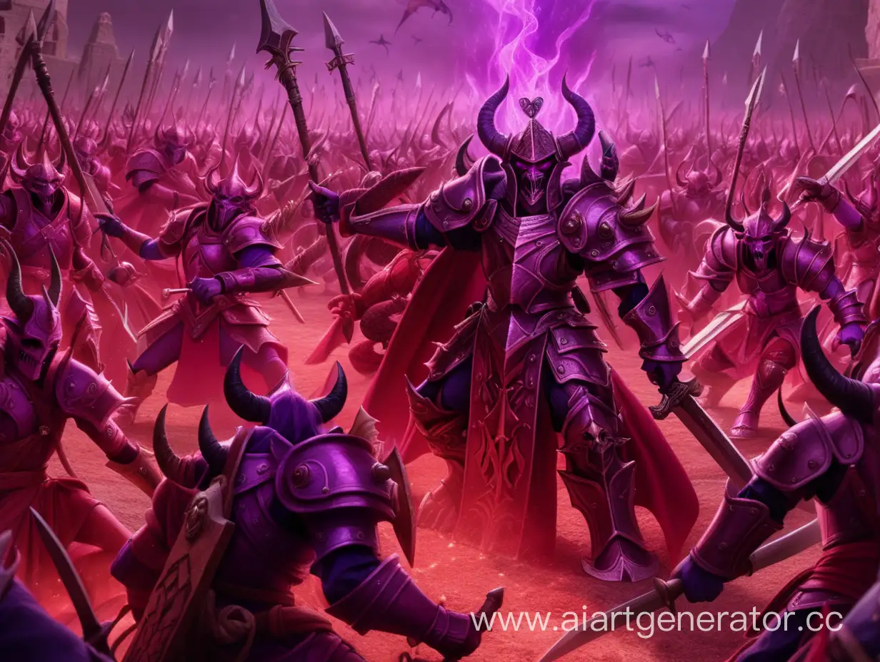  An army of demons in scarlet armor with a purple aura around with demons army(spearmen,swordmen)