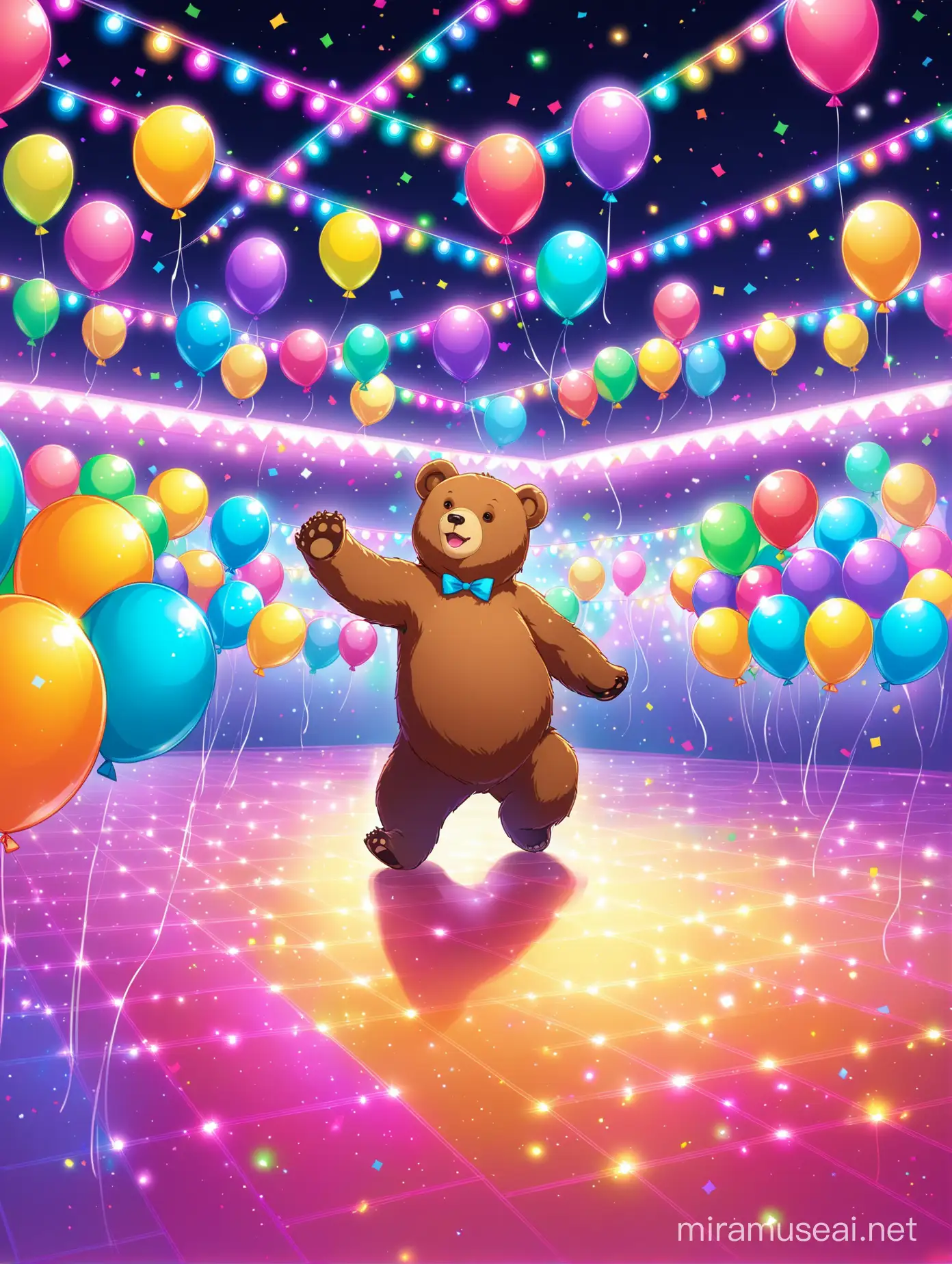 Bear dancing on the dance floor, all around empty, but there are colorful lights and balloons, everything looks like a good party