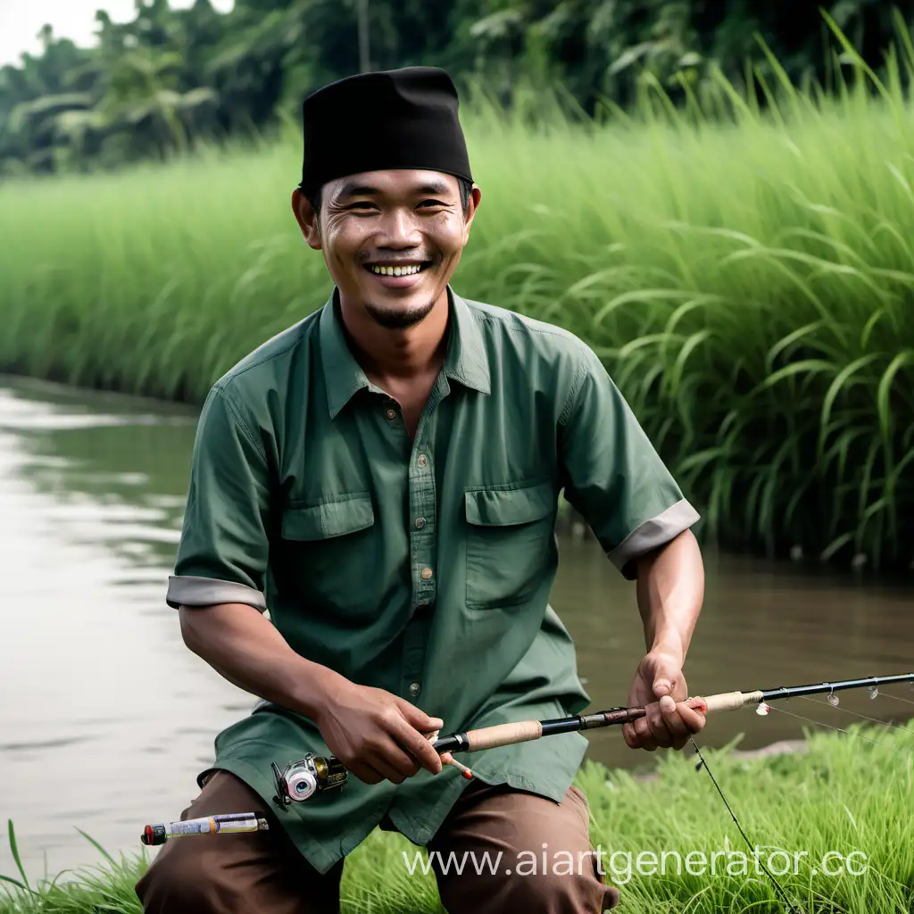laki laki wajah indonesia tersenyum sedang mancing di pinggir sungai yang berumput hijau