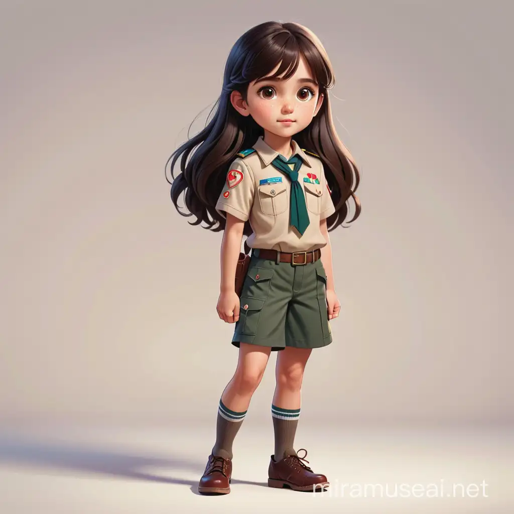 a female kid have 10 years old ,She feels pain in her leg , she have a medium long dark brown soft hair , big dark brown eyes, round face, light skin , scout uniform, show the full body of her. cartoon type .