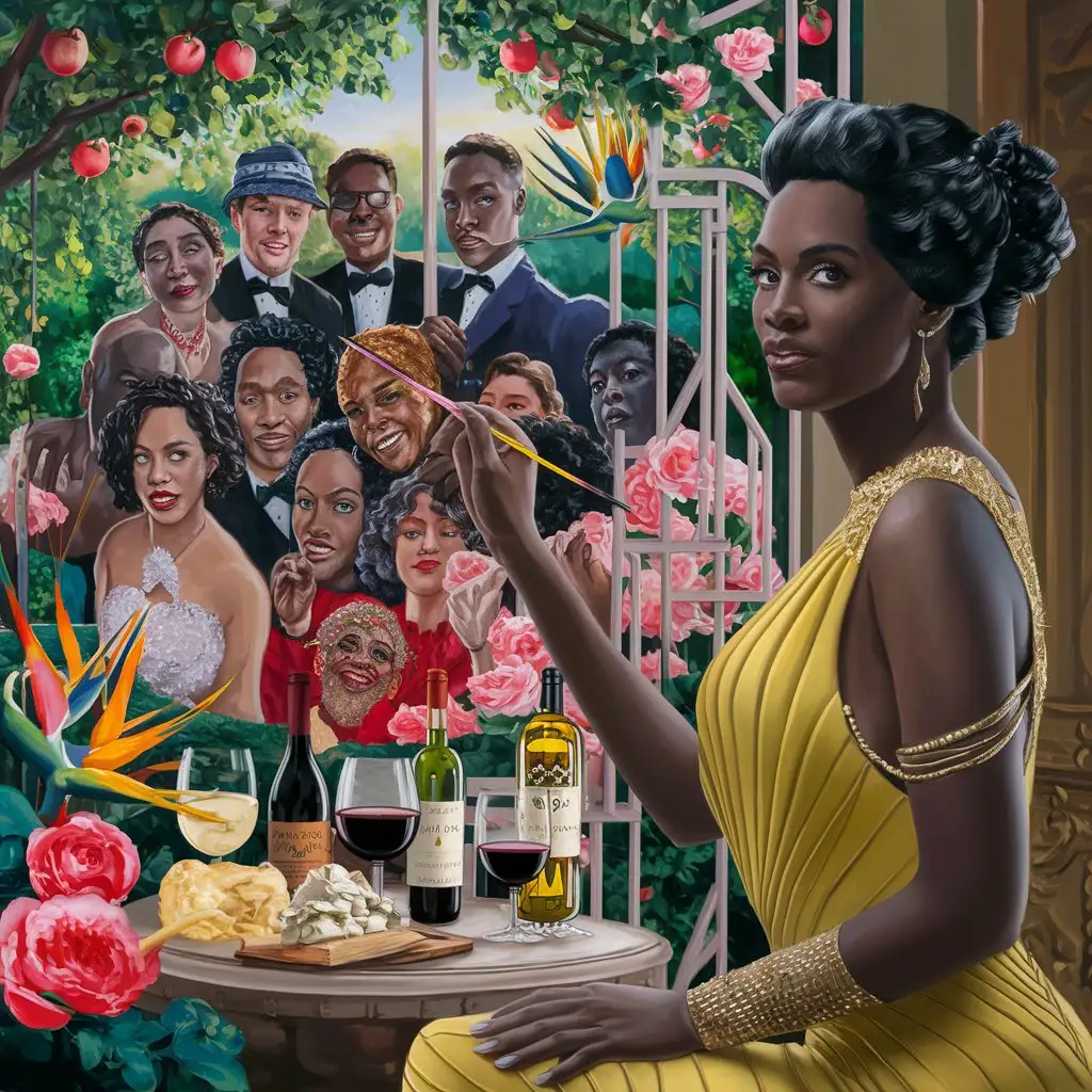 African American Woman in Yellow Great Gatsby Dress Painting Portraits in Apple Garden