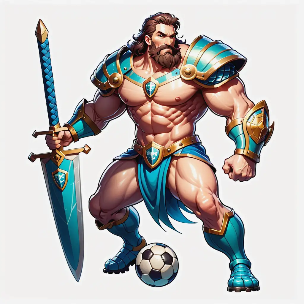 cartoon style, soccer titan with sword and shield, transparent background
